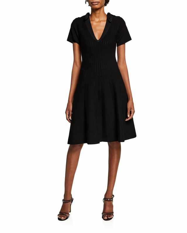 V-Neck Knit Pleated Dress